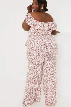 Sale In the Style Ditsy Floral Print Wrap Bardot Jumpsuit Cream