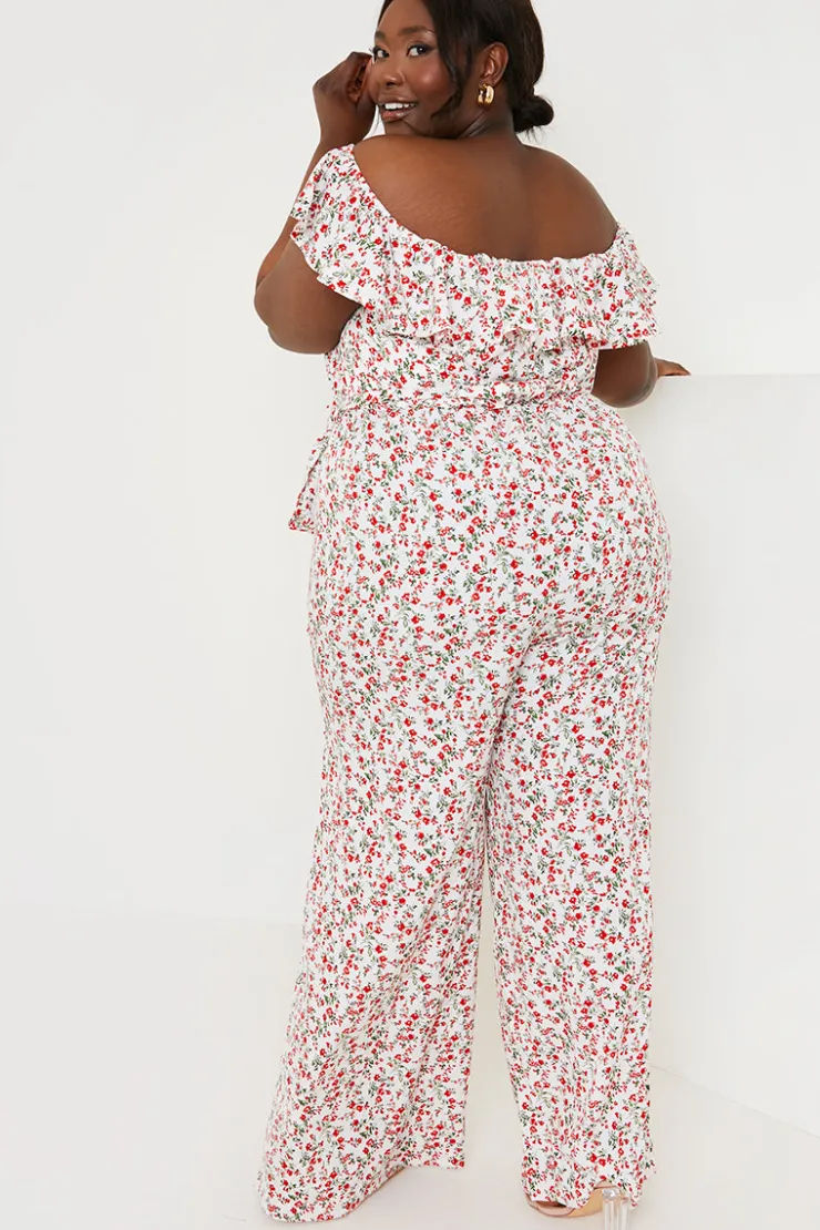 Sale In the Style Ditsy Floral Print Wrap Bardot Jumpsuit Cream