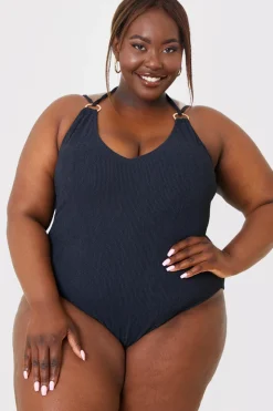Best In the Style Double Strap Ring Detail Control Crinkle Swimsuit Black