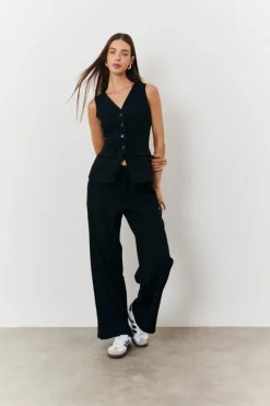 Online In The Style Elasticated Mid Rise Wide Leg Trouser Black