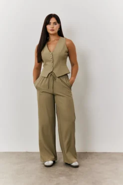 Outlet In The Style Elasticated Mid Rise Wide Leg Trouser Khaki
