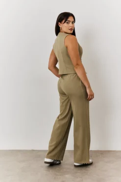 Outlet In The Style Elasticated Mid Rise Wide Leg Trouser Khaki