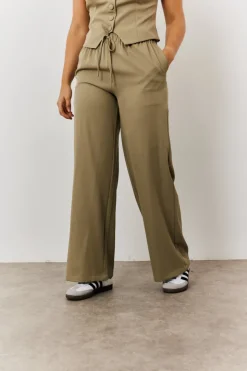 Outlet In The Style Elasticated Mid Rise Wide Leg Trouser Khaki
