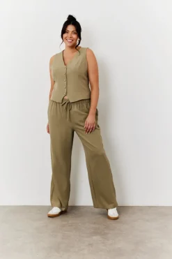 Outlet In The Style Elasticated Mid Rise Wide Leg Trouser Khaki