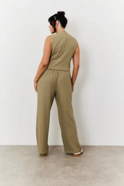 Outlet In The Style Elasticated Mid Rise Wide Leg Trouser Khaki