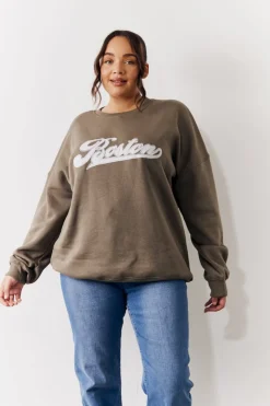 Sale In The Style Embroidered Boston Slogan Crew Neck Sweater Sage