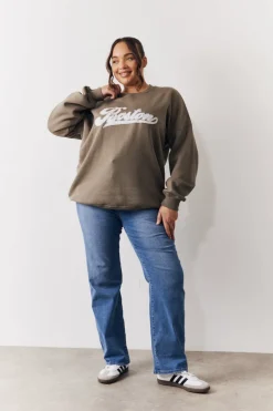 Sale In The Style Embroidered Boston Slogan Crew Neck Sweater Sage