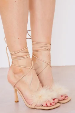 New In The Style Faux Fur Detail Strappy Heel Nude