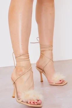 New In The Style Faux Fur Detail Strappy Heel Nude