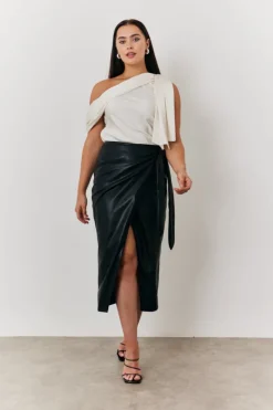 Clearance In the Style Faux Leather Wrap Skirt Black