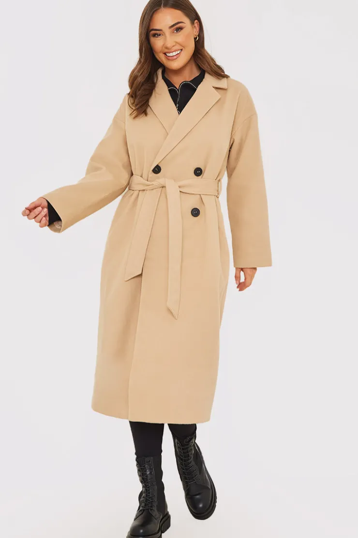 Hot In the Style Faux Wool Belted Longline Coat Camel