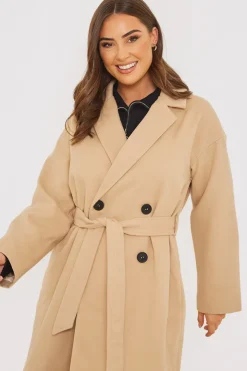 Hot In the Style Faux Wool Belted Longline Coat Camel