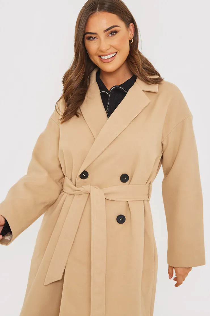 Hot In the Style Faux Wool Belted Longline Coat Camel