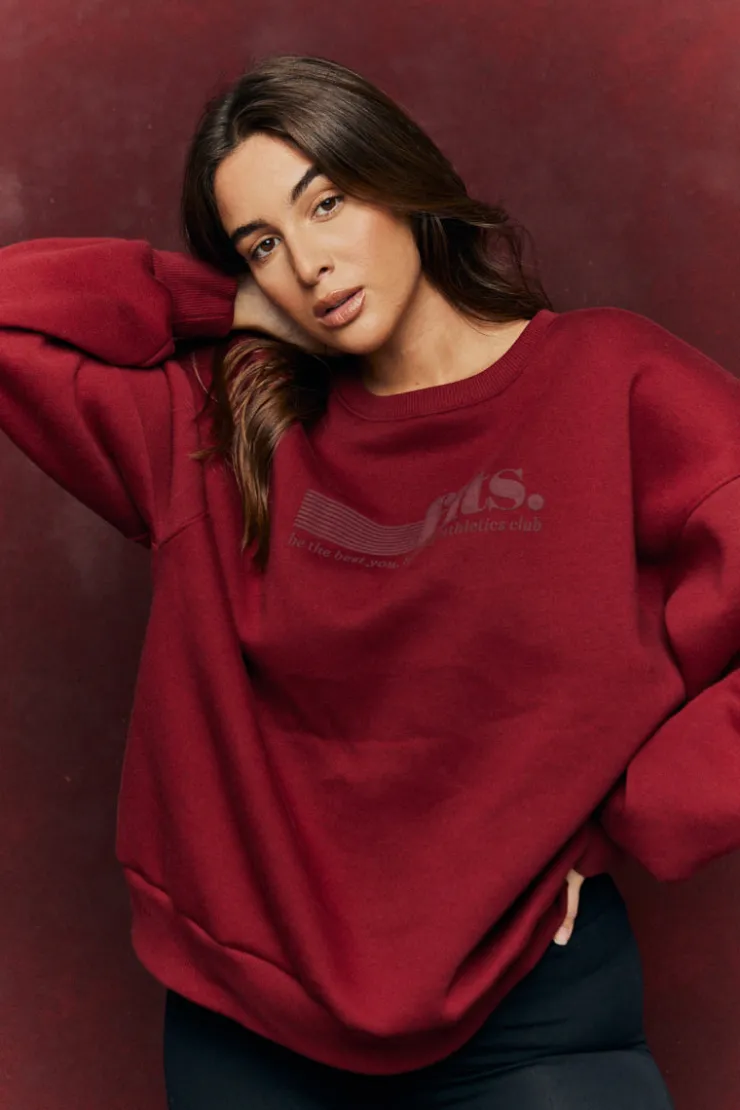 Clearance Fits Sports Printed Crew Neck Sweatshirt Burgundy