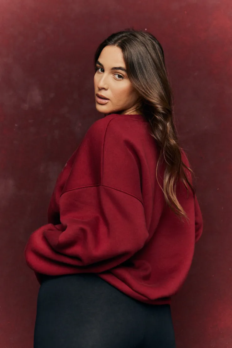 Clearance Fits Sports Printed Crew Neck Sweatshirt Burgundy
