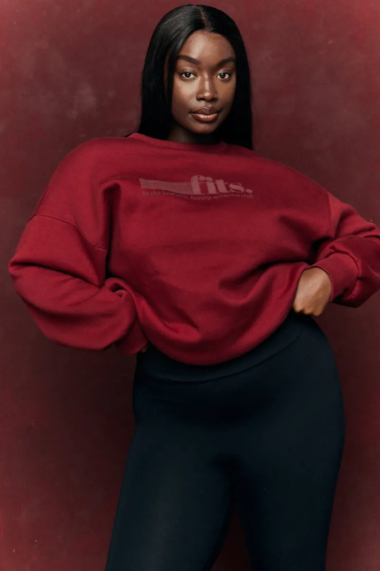 Clearance Fits Sports Printed Crew Neck Sweatshirt Burgundy
