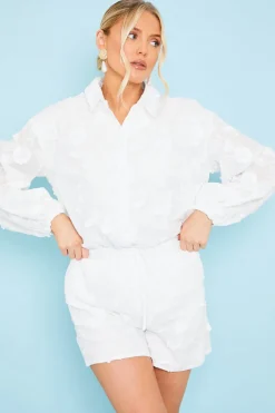Online In the Style Floral Applique Drawstring Co-Ord Shorts White