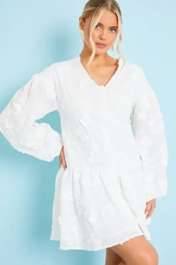 Best In the Style Floral Applique Drop Waist Mini Smock Dress White