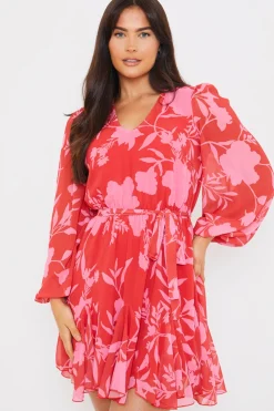 New In The Style Floral Balloon Sleeve Godet Skater Mini Dress Red