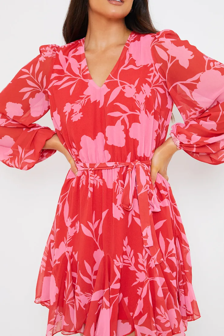 New In The Style Floral Balloon Sleeve Godet Skater Mini Dress Red
