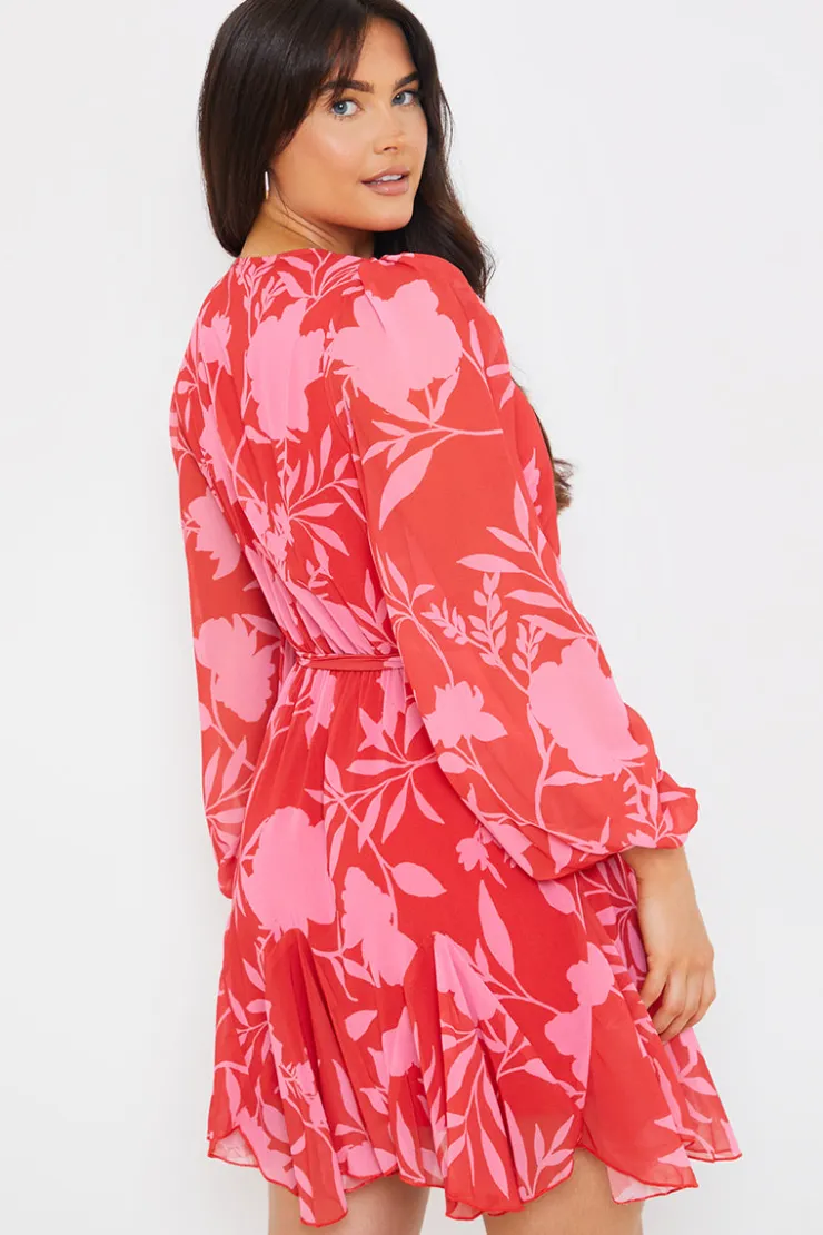 New In The Style Floral Balloon Sleeve Godet Skater Mini Dress Red