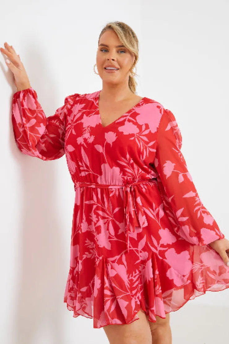New In The Style Floral Balloon Sleeve Godet Skater Mini Dress Red