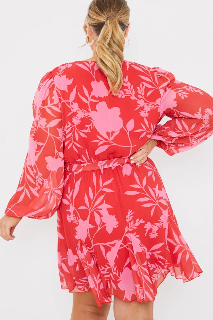 New In The Style Floral Balloon Sleeve Godet Skater Mini Dress Red