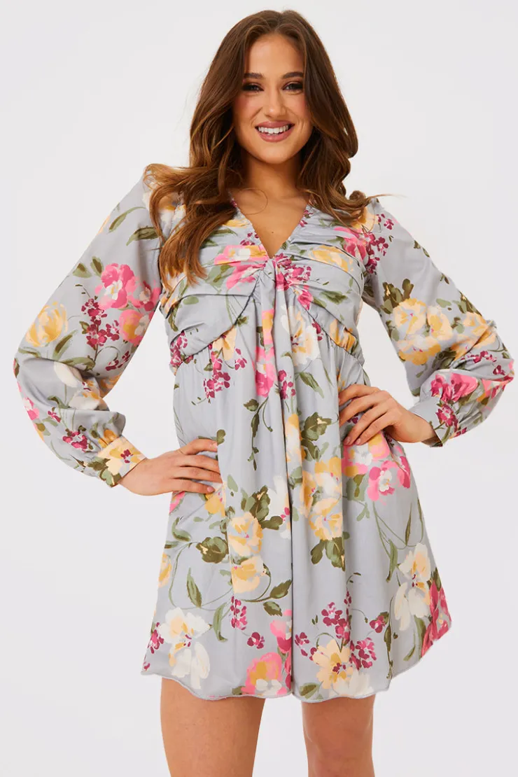Best In the Style Floral Balloon Sleeve Ruched Bodice Playsuit Grey