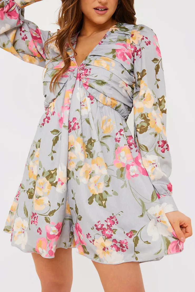 Best In the Style Floral Balloon Sleeve Ruched Bodice Playsuit Grey