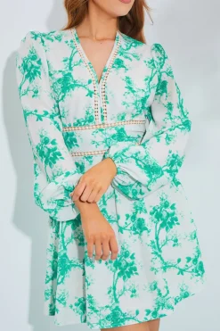 Sale In The Style Floral Broderie Trim Mini Skater Dress Green