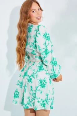 Sale In The Style Floral Broderie Trim Mini Skater Dress Green