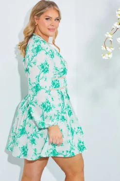 Sale In The Style Floral Broderie Trim Mini Skater Dress Green
