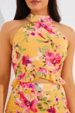 Discount In the Style Floral Chiffon Halter Co-Ord Crop Top Lemon