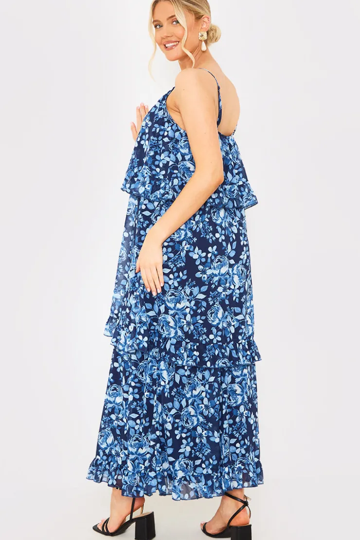 Outlet In the Style Floral Chiffon Tiered Frill Detail Midaxi Dress Blue
