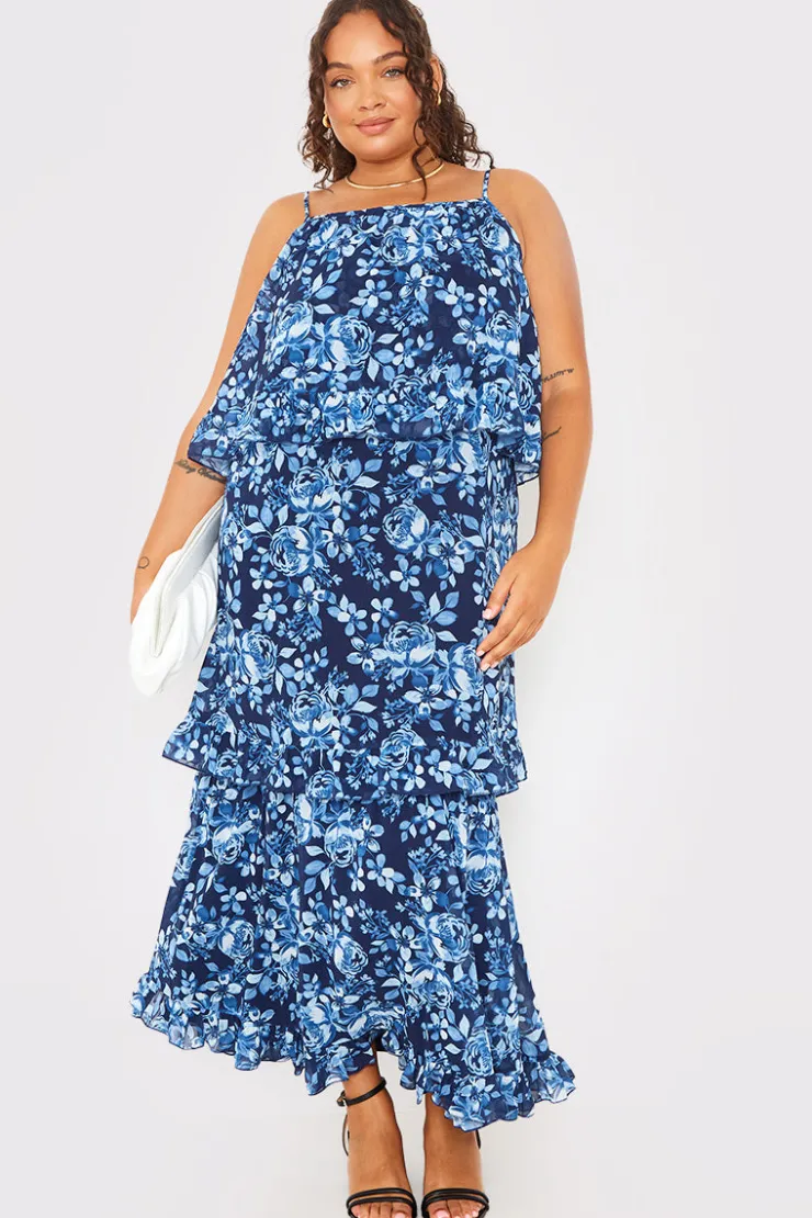 Outlet In the Style Floral Chiffon Tiered Frill Detail Midaxi Dress Blue