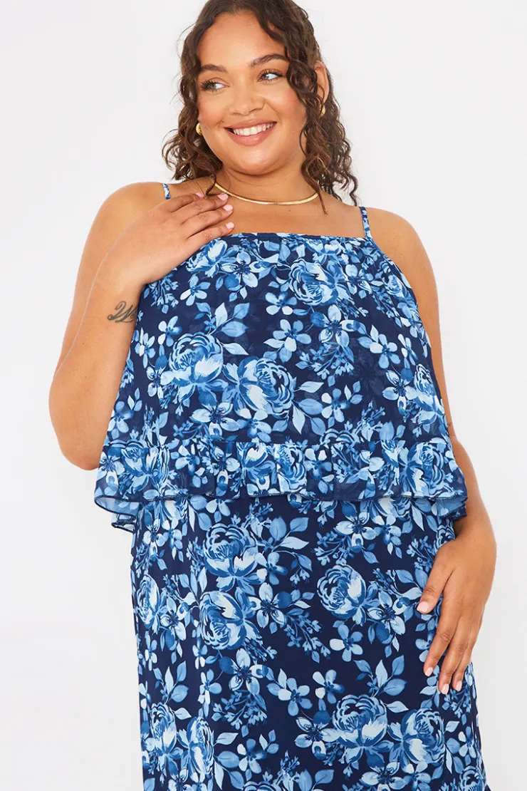 Outlet In the Style Floral Chiffon Tiered Frill Detail Midaxi Dress Blue