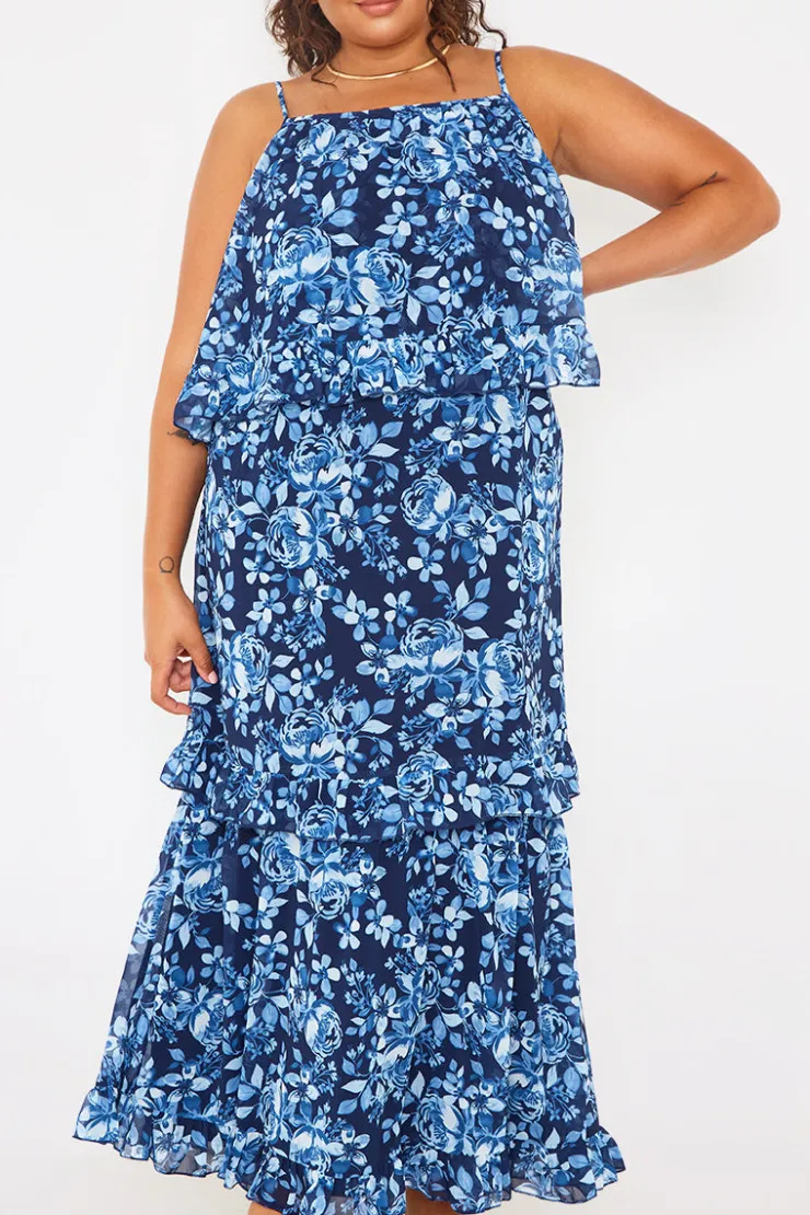 Outlet In the Style Floral Chiffon Tiered Frill Detail Midaxi Dress Blue