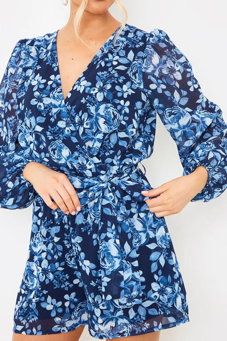 In the Style Floral Chiffon Wrap Belted Balloon Sleeve Playsuit Blue