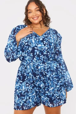 In the Style Floral Chiffon Wrap Belted Balloon Sleeve Playsuit Blue