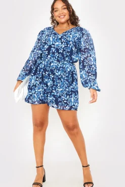 In the Style Floral Chiffon Wrap Belted Balloon Sleeve Playsuit Blue
