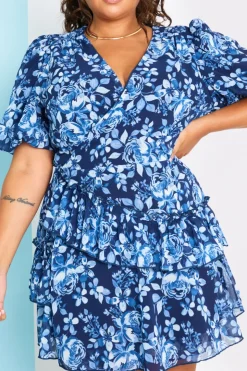 Online In the Style Floral Chiffon Wrap Detail Mini Dress Blue