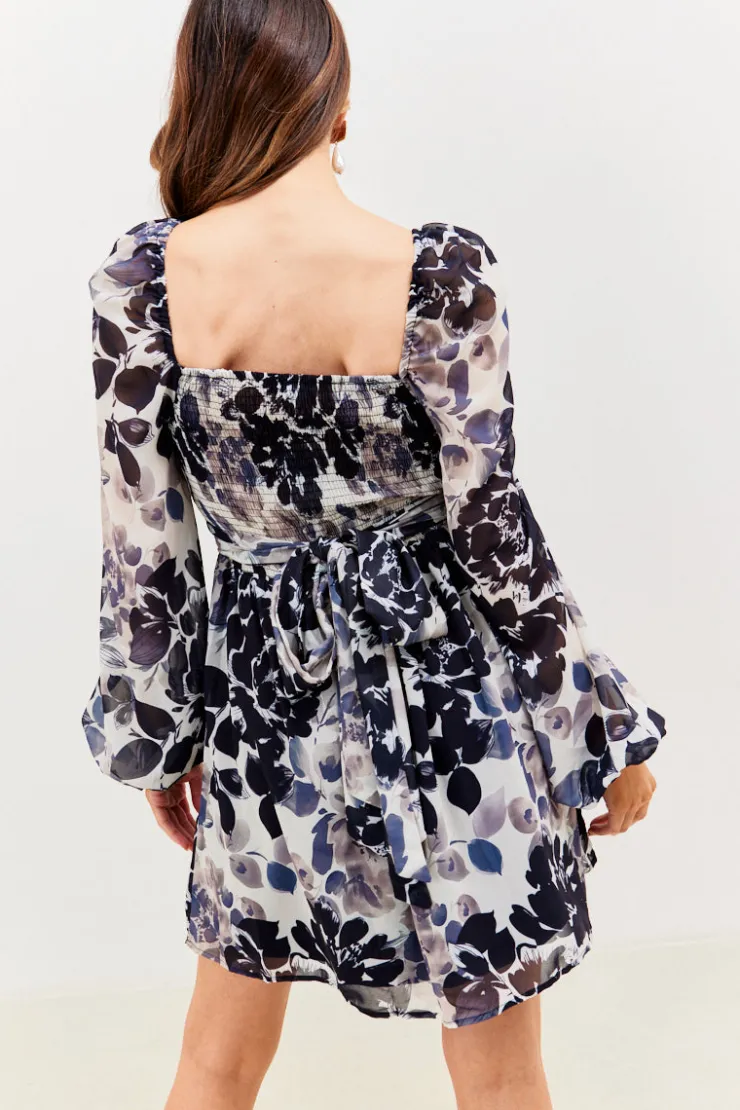Best In the Style Floral Chiffon Wrap Sweetheart Mini Skater Dress Black