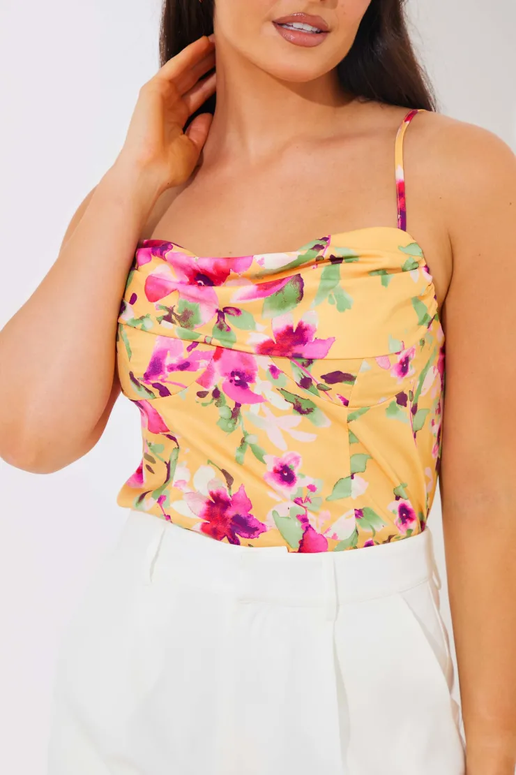 Clearance In the Style Floral Drape Bodysuit Lemon