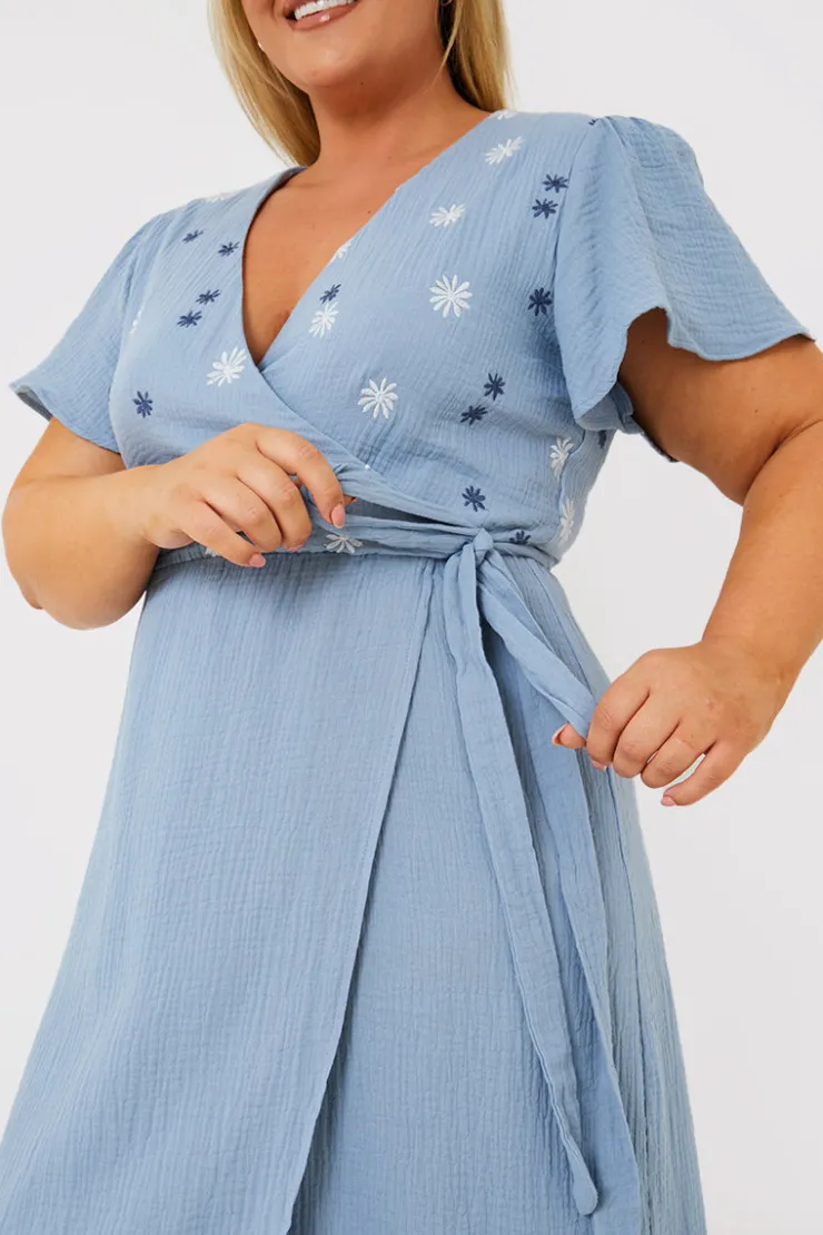 Clearance In the Style Floral Embroidered Wrap Midi Dress Blue