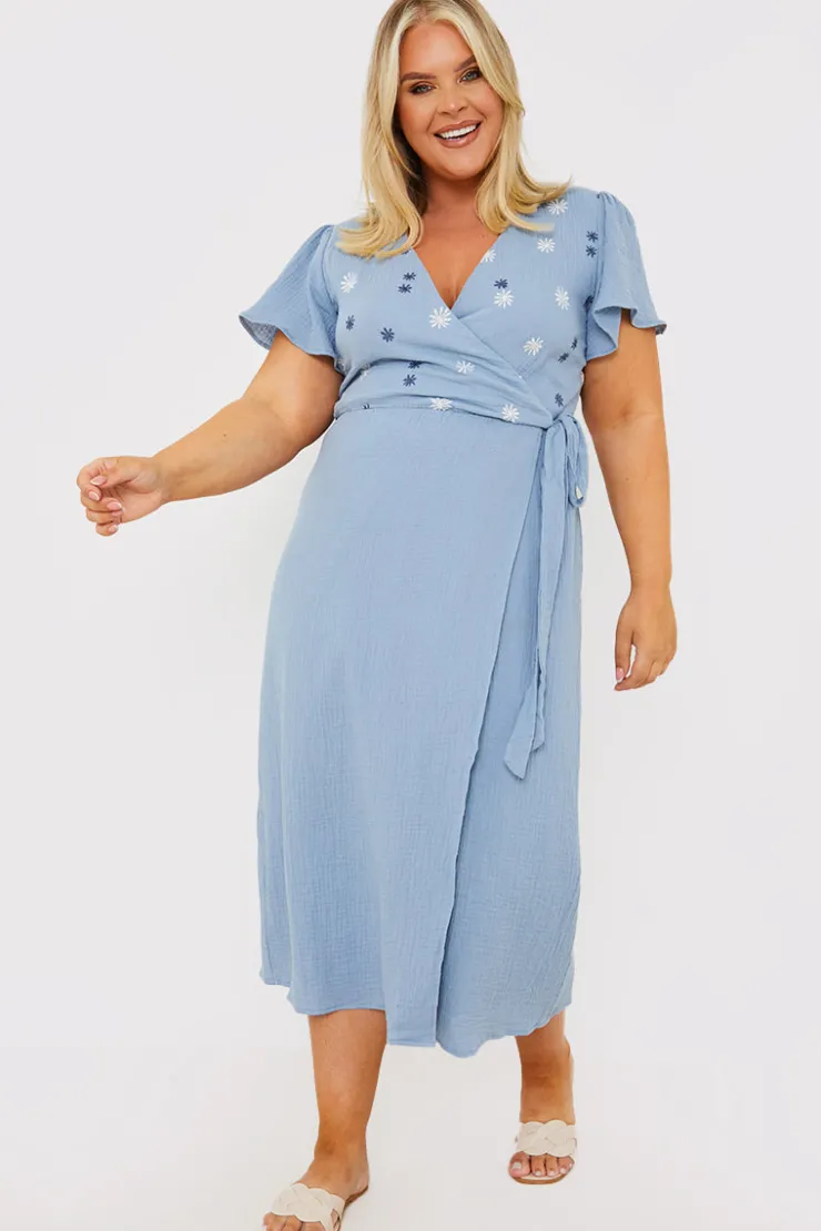 Clearance In the Style Floral Embroidered Wrap Midi Dress Blue