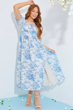 Sale In The Style Floral Milkmaid Midi Dress Blue