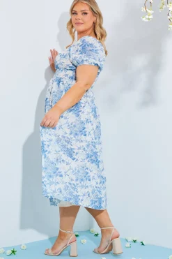 Sale In The Style Floral Milkmaid Midi Dress Blue