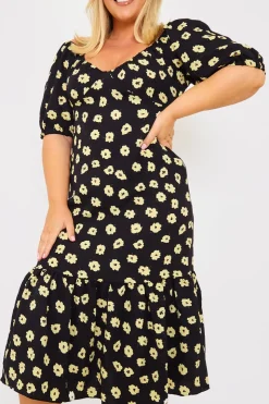 Best In The Style Floral Plunge Short Sleeve Midi Dress Black