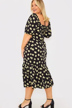 Best In The Style Floral Plunge Short Sleeve Midi Dress Black