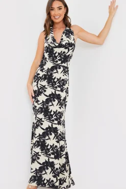 Best In the Style Floral Print Cowl Neck Maxi Dress Stone